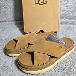 UGG Goldenstar Hi Slide Platform Sandals Tan Suede Leather Women's 11 EU‎ 42 NEW